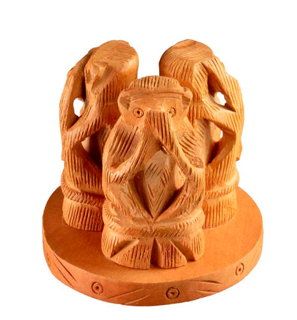 Statue 3 Singes De La Sagesse En Bois Sur Socle – Artisanat Indien