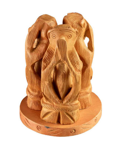 Statue 3 Singes De La Sagesse En Bois Sur Socle – Artisanat Indien