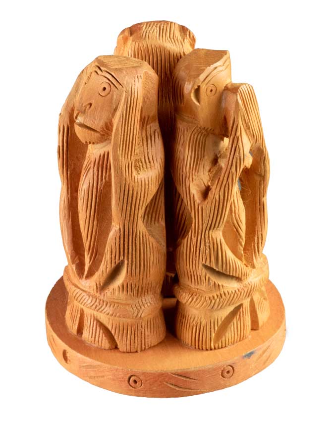 Statue 3 Singes De La Sagesse En Bois Sur Socle – Artisanat Indien