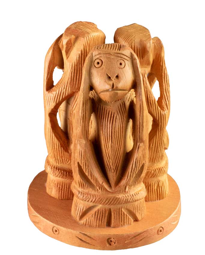 Statue 3 Singes De La Sagesse En Bois Sur Socle – Artisanat Indien