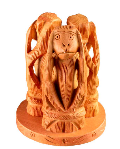 Statue 3 Singes De La Sagesse En Bois Sur Socle – Artisanat Indien