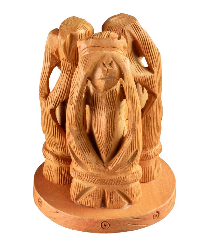 Statue 3 Singes De La Sagesse En Bois Sur Socle – Artisanat Indien