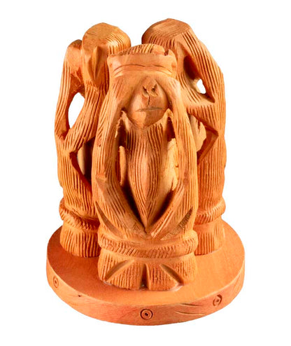 Statue 3 Singes De La Sagesse En Bois Sur Socle – Artisanat Indien