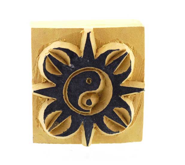 Tampon Encreur En Bois Sculpté Yin Yang Soleil Double Dorje Bouddhiste Tibétain