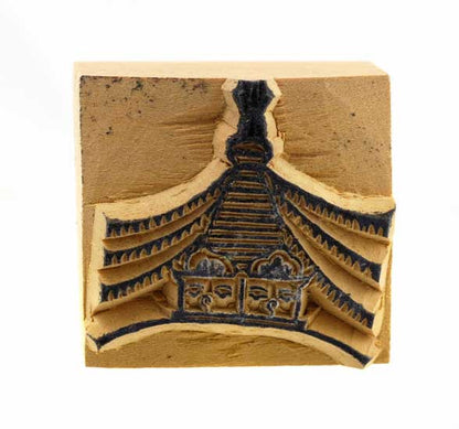 Tampon Encreur En Bois Sculpté Stupa Bouddhiste Tibétain Et Drapeaux De Prières