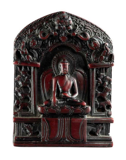 Autel Statue Bouddha Shakyamuni 10,5 cm – Bhumisparsha Mudra en résine bordeaux du Népal