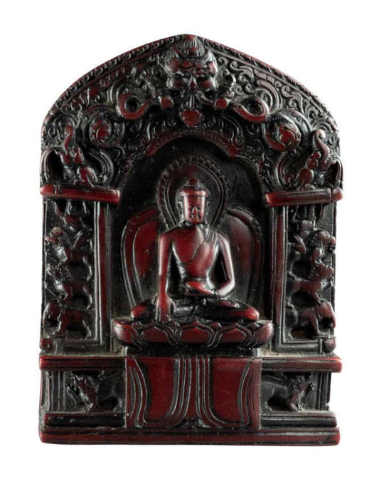 Autel Statue Bouddha Shakyamuni 10,5 cm – Bhumisparsha Mudra en résine bordeaux du Népal