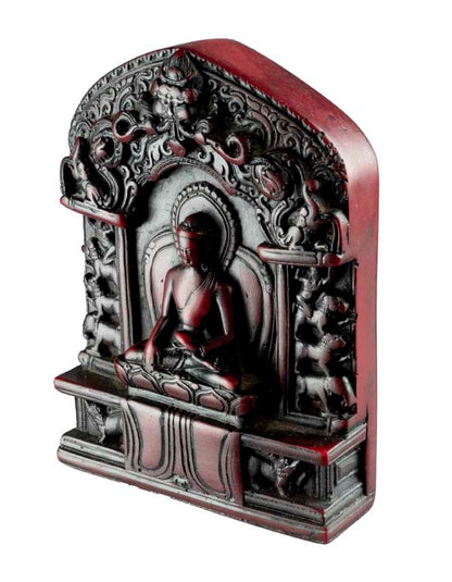 Autel Statue Bouddha Shakyamuni 10,5 cm – Bhumisparsha Mudra en résine bordeaux du Népal