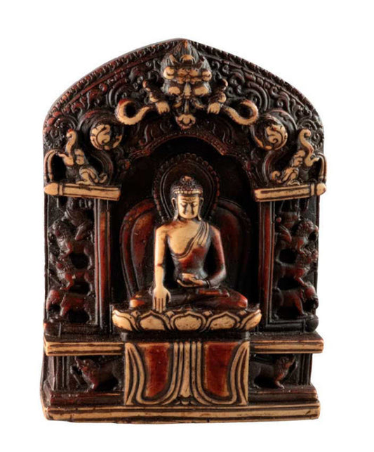 Statue Bouddha Shakyamuni Bhumisparsha Mudra 10,5 cm – Artisanat bouddhiste népalais en résine patinée