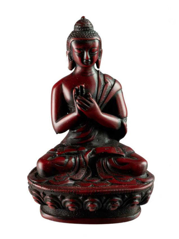 Statue Bouddha Vairocana Dharmachakra Mudra – Résine bordeaux artisanale du Népal 11 cm