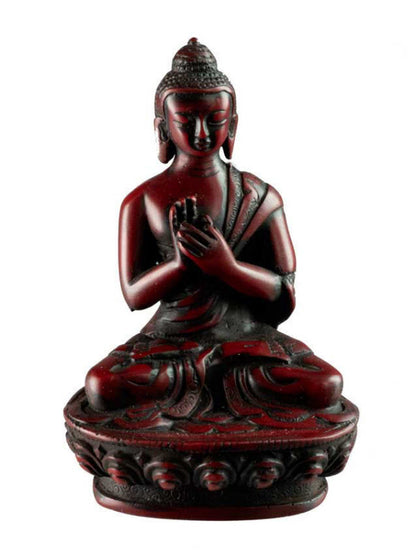 Statue Bouddha Vairocana Dharmachakra Mudra – Résine bordeaux artisanale du Népal 11 cm