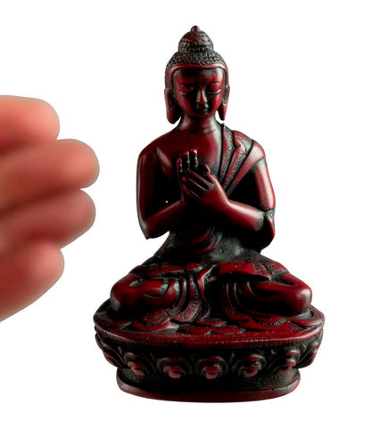 Statue Bouddha Vairocana Dharmachakra Mudra – Résine bordeaux artisanale du Népal 11 cm