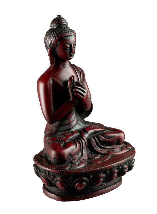 Statue Bouddha Vairocana Dharmachakra Mudra – Résine bordeaux artisanale du Népal 11 cm