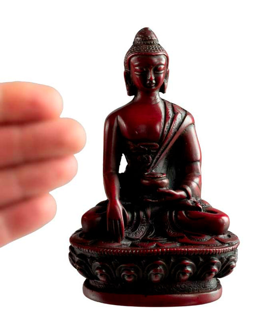 Statue Bouddha Shakyamuni Bhumisparsha Mudra – Résine bordeaux artisanale du Népal 11,3 cm
