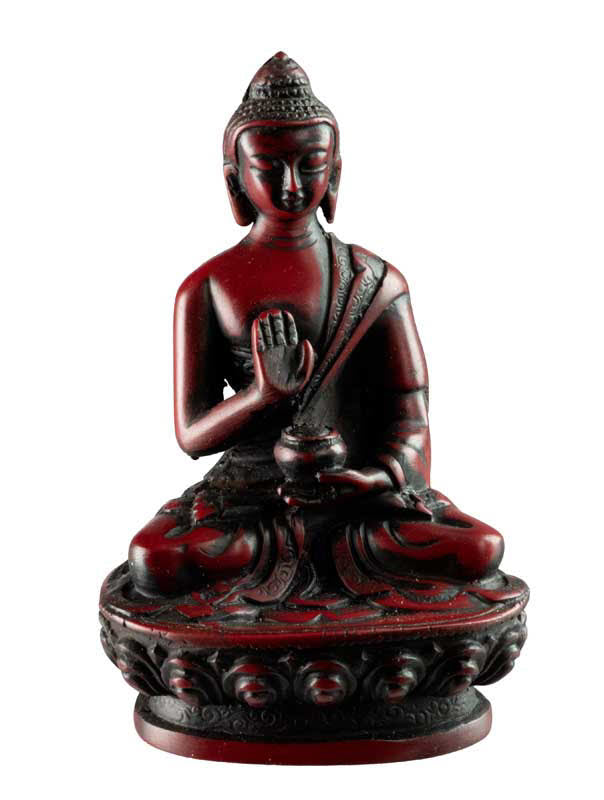 Statue Bouddha Amoghasiddhi Abhaya Mudra – Résine bordeaux artisanale du Népal
