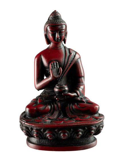Statue Bouddha Amoghasiddhi Abhaya Mudra – Résine bordeaux artisanale du Népal