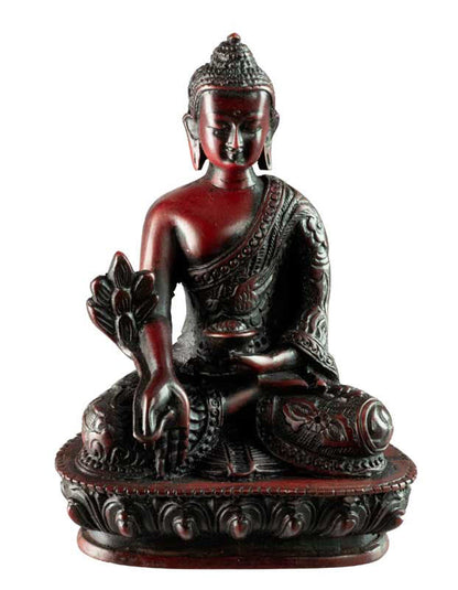 Statue Bouddha Médecine Bhaisajyaguru Varada Mudra – Résine bordeaux artisanale du Népal 13,5 cm