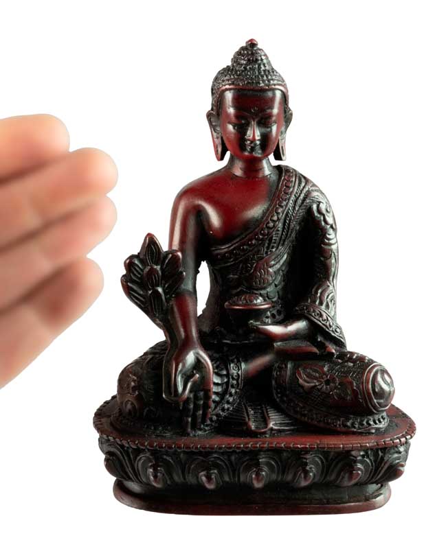 Statue Bouddha Médecine Bhaisajyaguru Varada Mudra – Résine bordeaux artisanale du Népal 13,5 cm