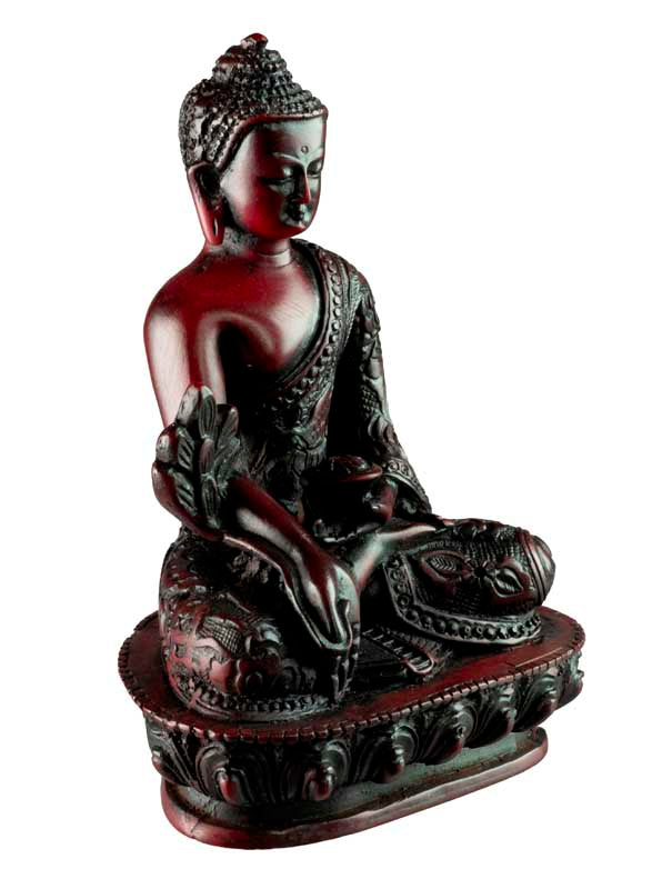 Statue Bouddha Médecine Bhaisajyaguru Varada Mudra – Résine bordeaux artisanale du Népal 13,5 cm
