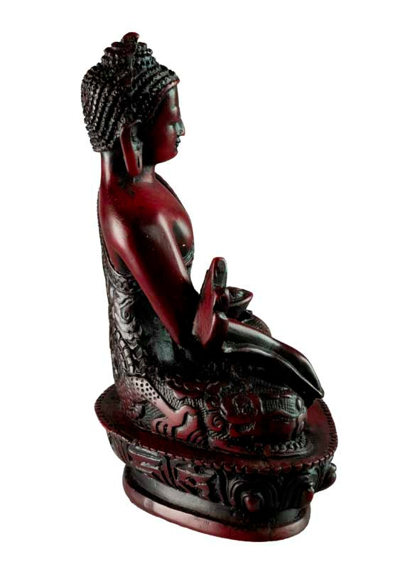 Statue Bouddha Médecine Bhaisajyaguru Varada Mudra – Résine bordeaux artisanale du Népal 13,5 cm