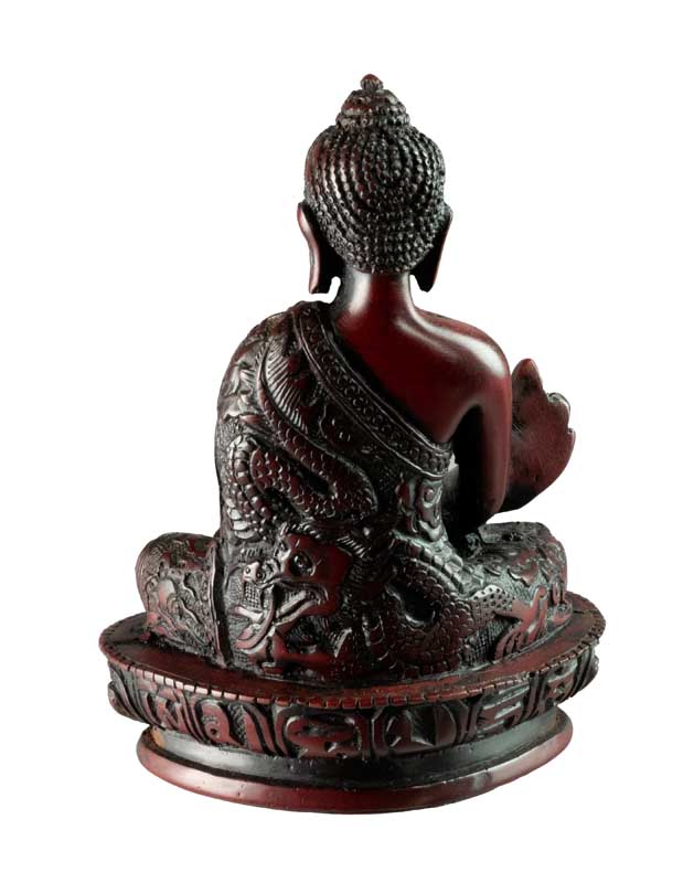 Statue Bouddha Médecine Bhaisajyaguru Varada Mudra – Résine bordeaux artisanale du Népal 13,5 cm