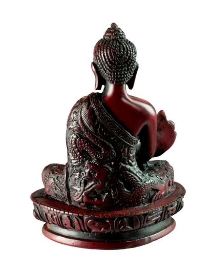 Statue Bouddha Médecine Bhaisajyaguru Varada Mudra – Résine bordeaux artisanale du Népal 13,5 cm