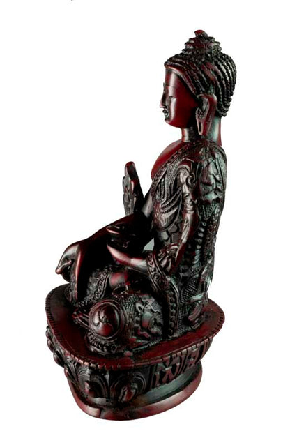 Statue Bouddha Médecine Bhaisajyaguru Varada Mudra – Résine bordeaux artisanale du Népal 13,5 cm