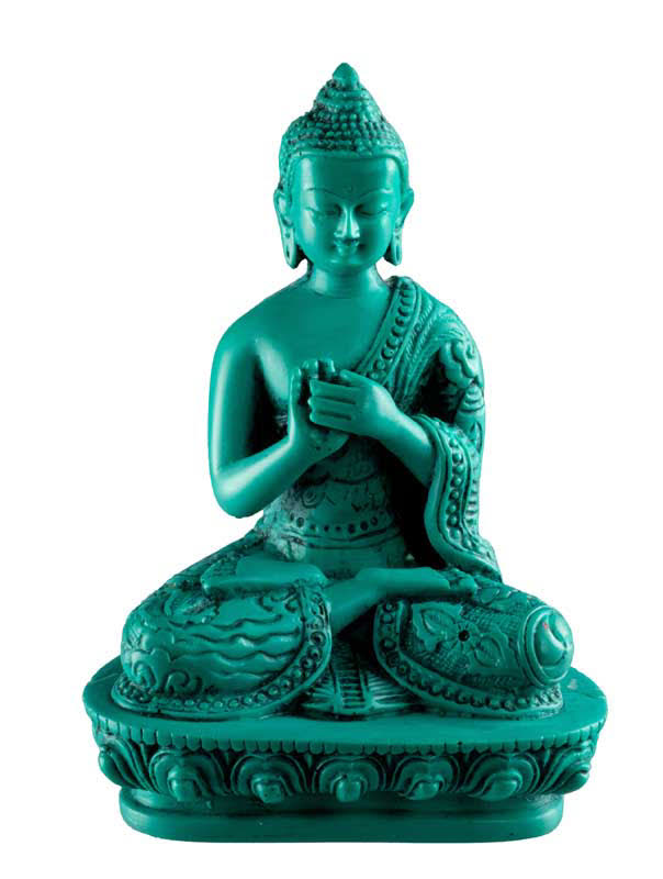 Statue Bouddha Vairocana Dharmachakra Mudra en Résine Turquoise – Artisanat du Népal