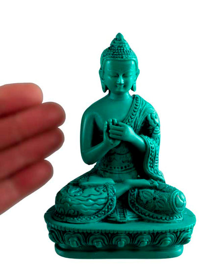 Statue Bouddha Vairocana Dharmachakra Mudra en Résine Turquoise – Artisanat du Népal