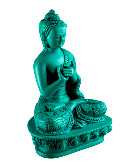 Statue Bouddha Vairocana Dharmachakra Mudra en Résine Turquoise – Artisanat du Népal