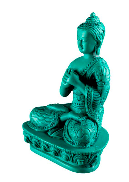 Statue Bouddha Vairocana Dharmachakra Mudra en Résine Turquoise – Artisanat du Népal