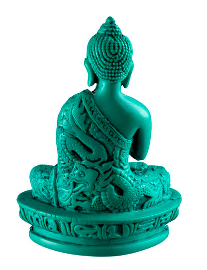 Statue Bouddha Vairocana Dharmachakra Mudra en Résine Turquoise – Artisanat du Népal