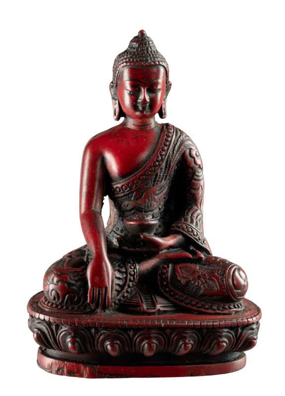 Statue Bouddha Sakyamuni Bhumisparsha Mudra – Résine bordeaux artisanale du Népal 13,5 cm