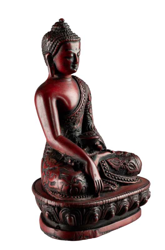 Statue Bouddha Sakyamuni Bhumisparsha Mudra – Résine bordeaux artisanale du Népal 13,5 cm