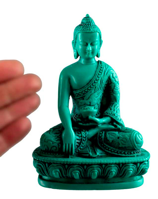 Statue Bouddha Shakyamuni Bhumisparsha Mudra en Résine Turquoise 13,5 cm – Artisanat Népalais
