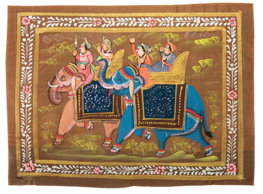 Peinture Rajput Miniature 31 cm – Chasse Royale à l’Éléphant – Artisanat Indien