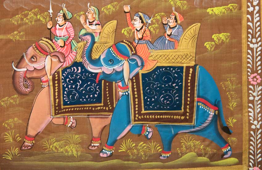 Peinture Rajput Miniature 31 cm – Chasse Royale à l’Éléphant – Artisanat Indien