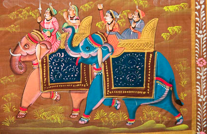 Peinture Rajput Miniature 31 cm – Chasse Royale à l’Éléphant – Artisanat Indien