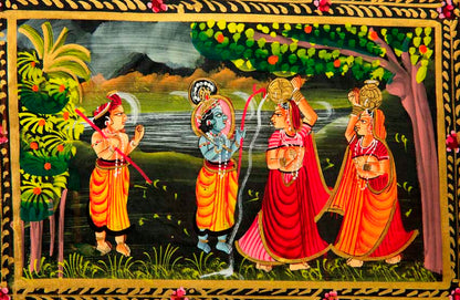 Peinture Pichwai Miniature Indienne – Radha Krishna et Gopis