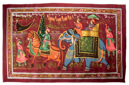 Peinture Rajput Miniature Indienne – Chasse Royale à Dos d’Éléphant