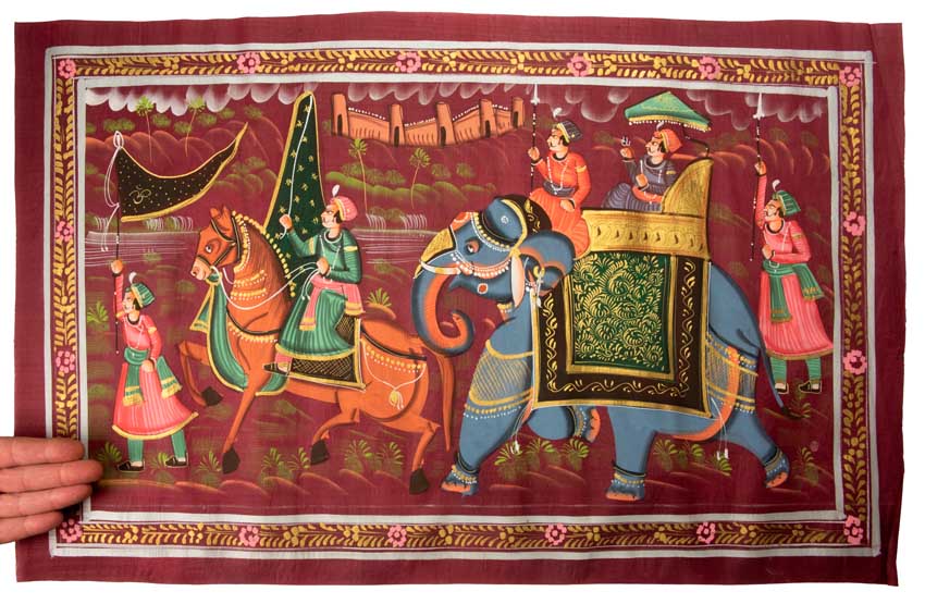 Peinture Rajput Miniature Indienne – Chasse Royale à Dos d’Éléphant
