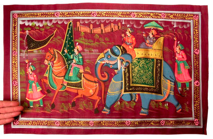 Peinture Rajput Miniature Indienne – Chasse Royale à Dos d’Éléphant