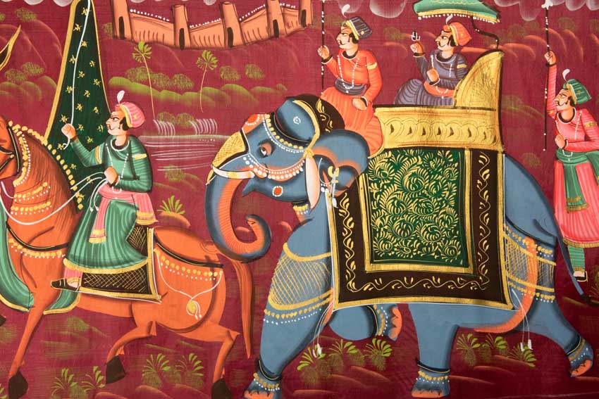 Peinture Rajput Miniature Indienne – Chasse Royale à Dos d’Éléphant