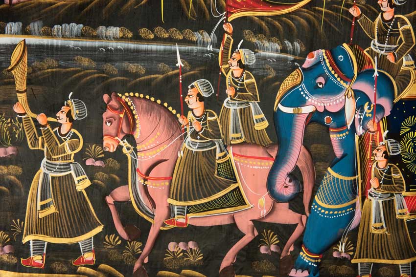 Peinture Rajput Miniature Indienne – Chasse Royale à Dos d’Éléphant
