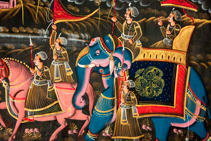Peinture Rajput Miniature Indienne – Chasse Royale à Dos d’Éléphant