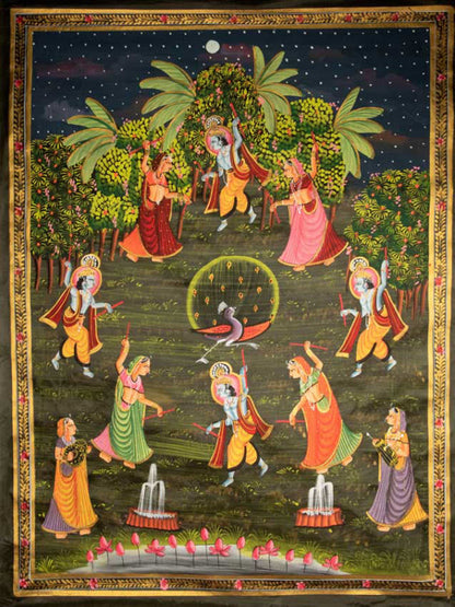 Peinture Pichwai Miniature Indienne – Radha Krishna et Danse du Paon