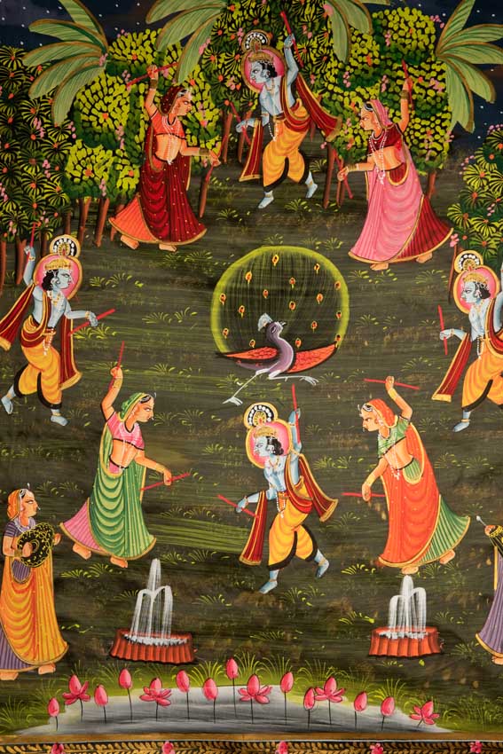 Peinture Pichwai Miniature Indienne – Radha Krishna et Danse du Paon