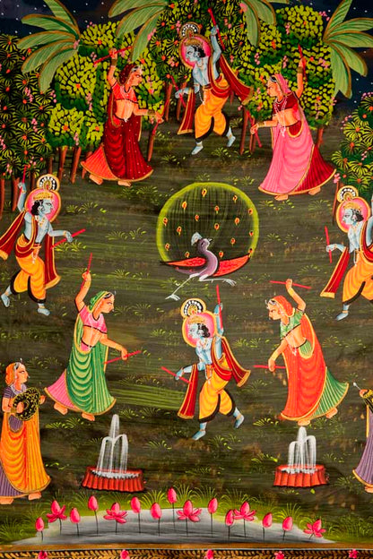 Peinture Pichwai Miniature Indienne – Radha Krishna et Danse du Paon