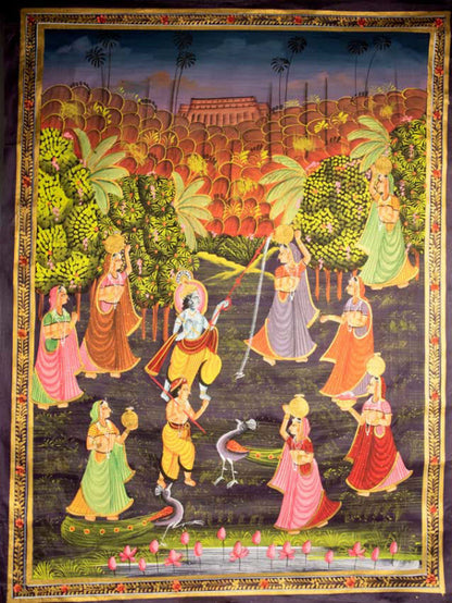 Peinture Pichwai Miniature Indienne – Radha Krishna et Paon