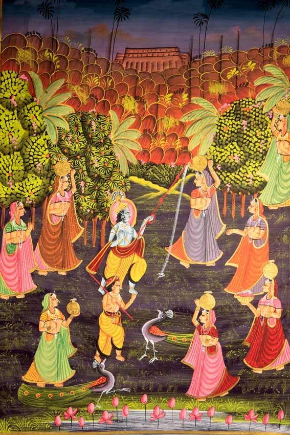 Peinture Pichwai Miniature Indienne – Radha Krishna et Paon